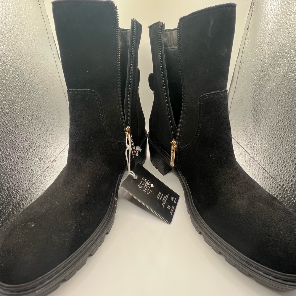 Black Suede Mid-Calf Zipper Boots - Women's